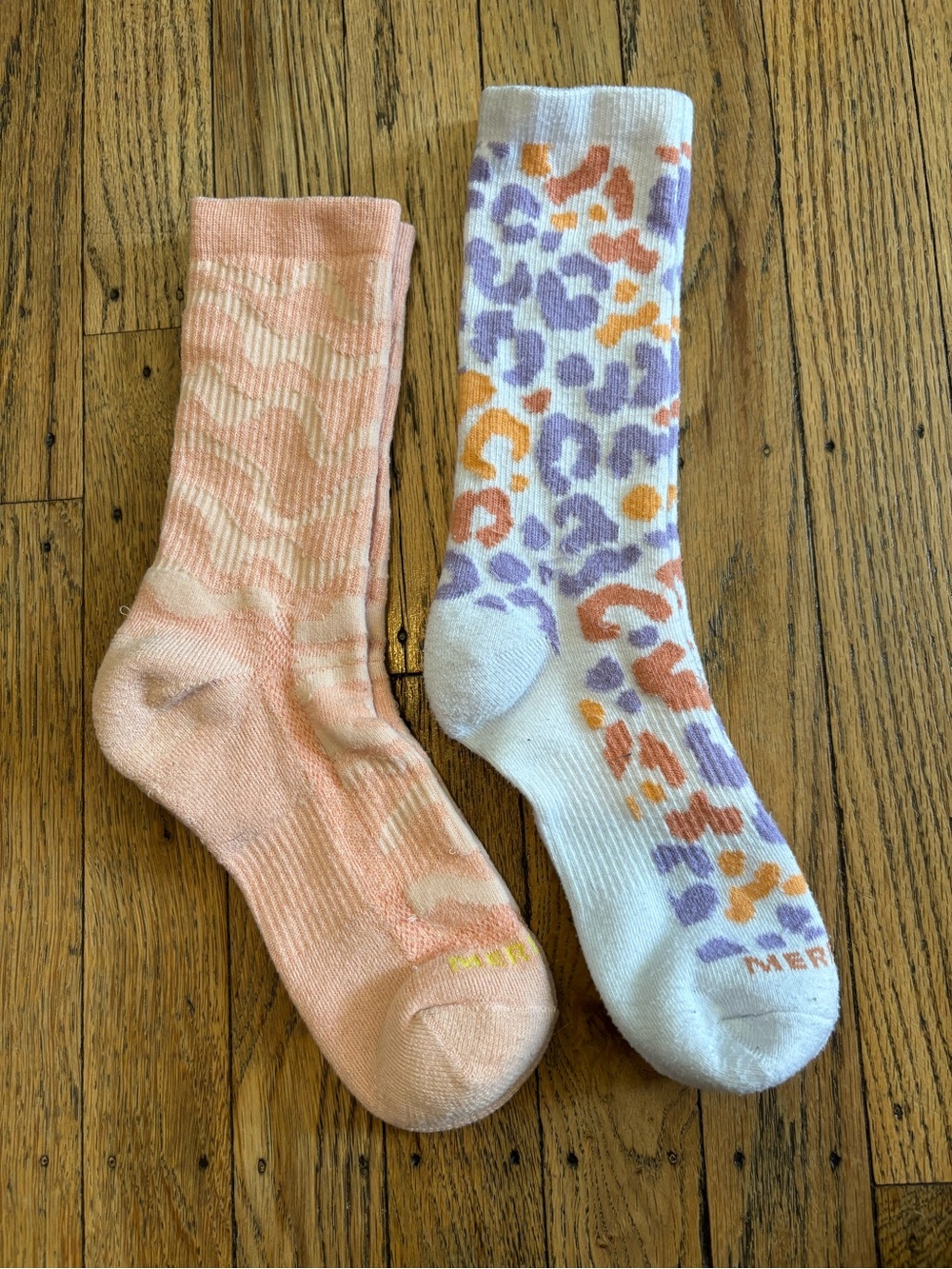 Merrell Peach Pink and White Purple Leopard Pattern Crew Socks